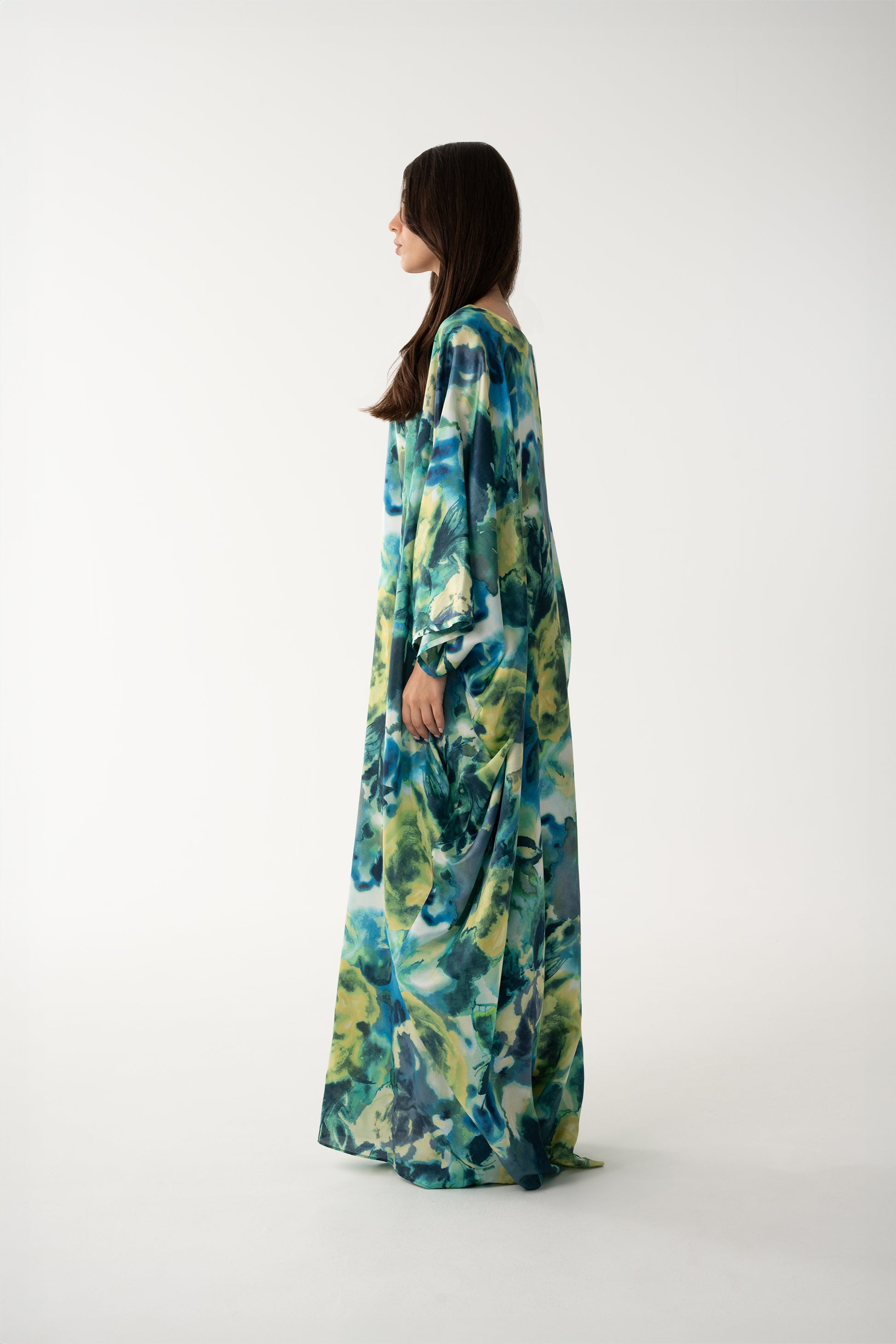 Turquoise Italian Silk Viscose Caftan - House of Caftan