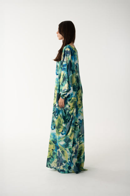 Turquoise Italian Silk Viscose Caftan - House of Caftan