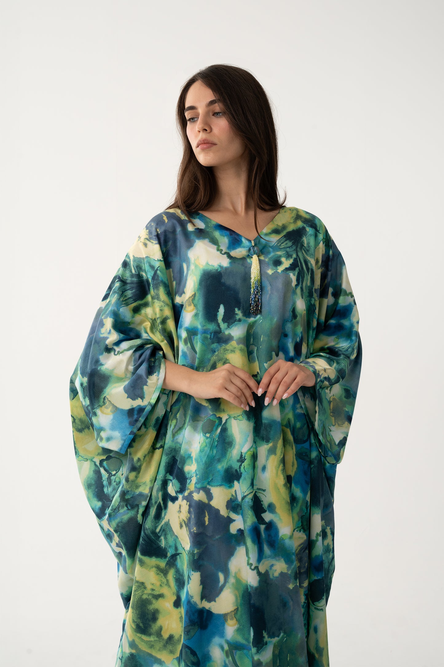 Turquoise Italian Silk Viscose Caftan - House of Caftan