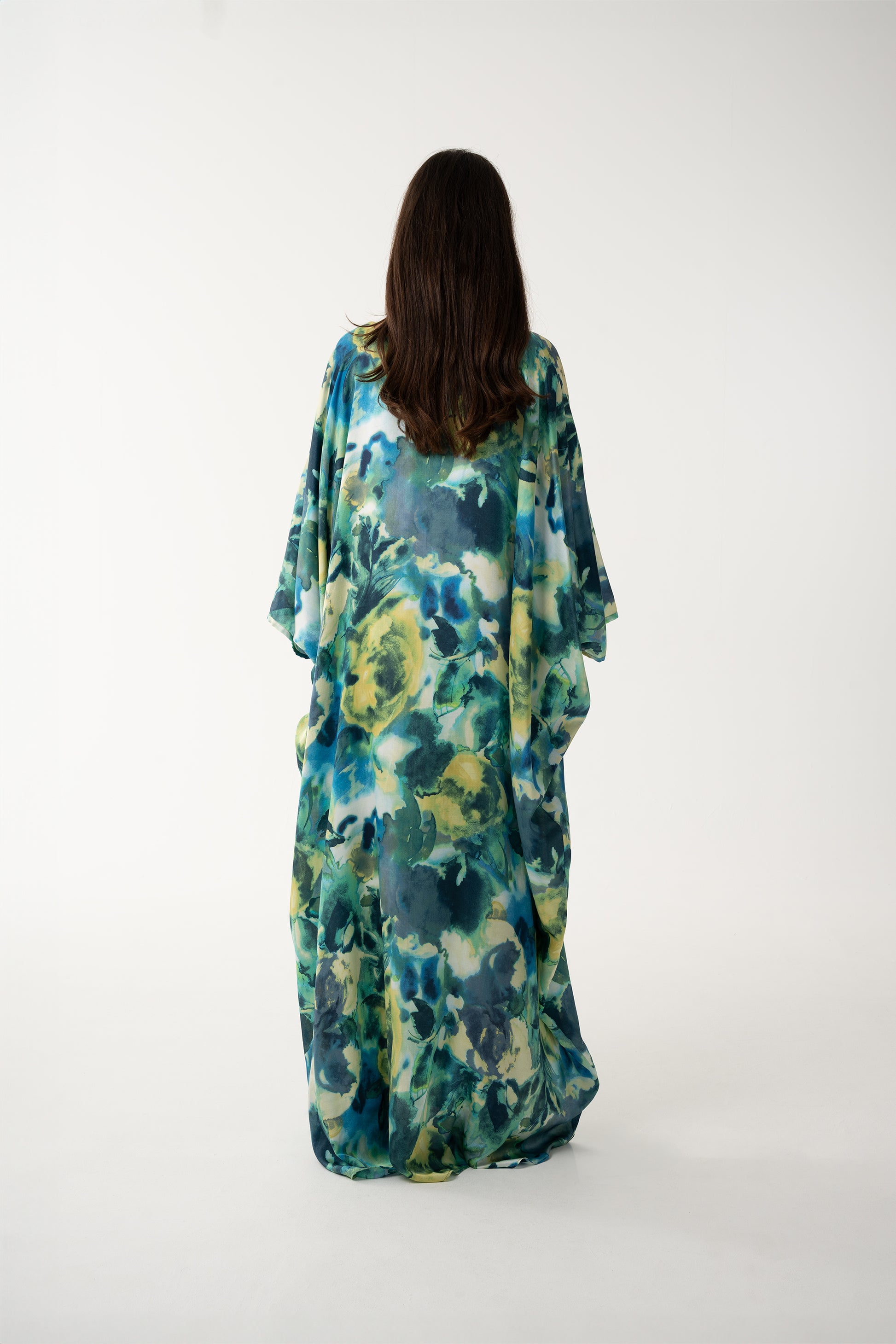 Turquoise Italian Silk Viscose Caftan - House of Caftan