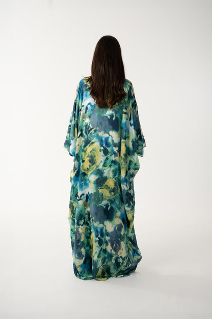 Turquoise Italian Silk Viscose Caftan - House of Caftan